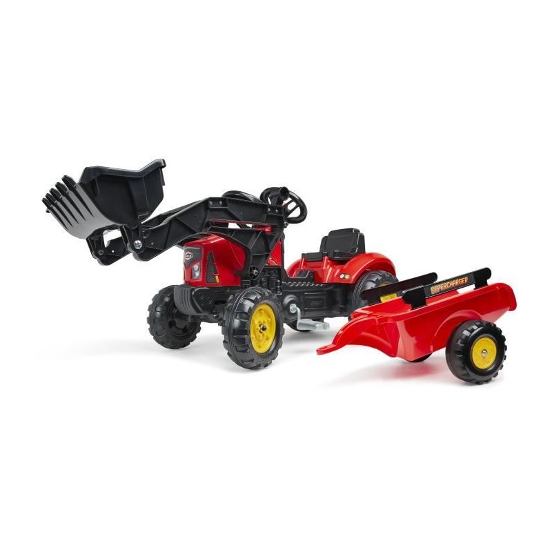Tracteur a pédales Supercharger rouge avec pelle frontale articulée Tracteur a pédales Supercharger rouge avec pelle frontale articulée