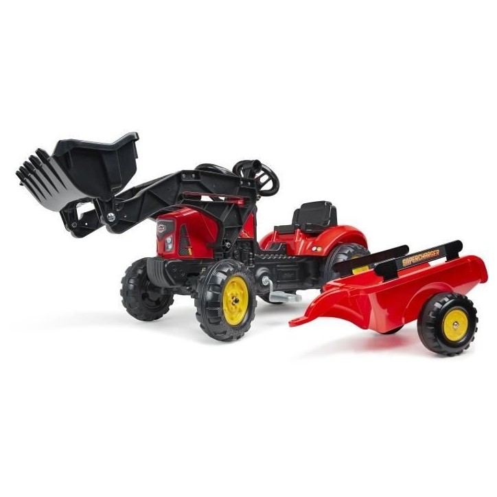 Tracteur a pédales Supercharger rouge avec pelle frontale articulée et remorque - FALK Tracteur a pédales Supercharger rouge avec pelle frontale articulée et remorque - FALK