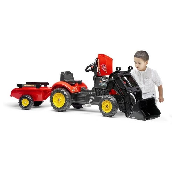 Tracteur a pédales Supercharger rouge avec pelle frontale articulée et remorque - FALK Tracteur a pédales Supercharger rouge avec pelle frontale articulée et remorque - FALK