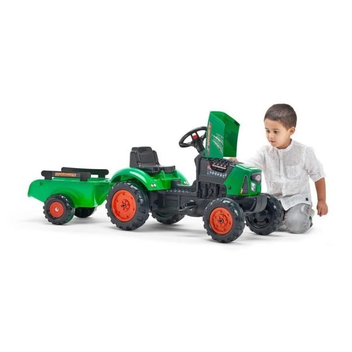 Tracteur a pédales Supercharger rouge FALK avec capot ouvrant et remorque