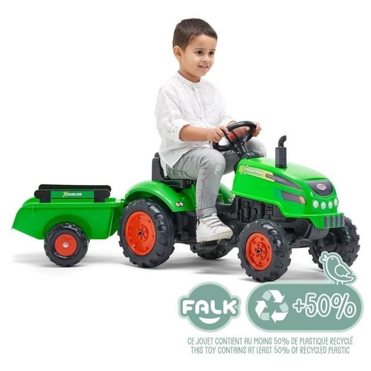 Tracteur a pédales X-Tractor - FALK - Capot ouvrant et Remorque - 100% Fabriqué en France - 50% de plastique recyclé - Des 2 Tracteur a pédales X-Tractor - FALK - Capot ouvrant et Remorque - 100% Fabriqué en France - 50% de plastique recyclé - Des 2