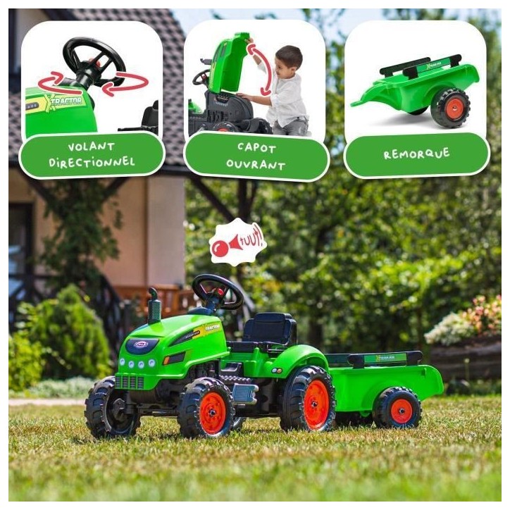 Tracteur a pédales X-Tractor - FALK - Capot ouvrant et Remorque - 100% Fabriqué en France - 50% de plastique recyclé - Des 2 Tracteur a pédales X-Tractor - FALK - Capot ouvrant et Remorque - 100% Fabriqué en France - 50% de plastique recyclé - Des 2