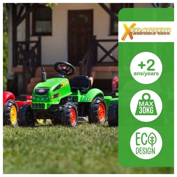 Tracteur a pédales X-Tractor - FALK - Capot ouvrant et Remorque - 100% Fabriqué en France - 50% de plastique recyclé - Des 2 Tracteur a pédales X-Tractor - FALK - Capot ouvrant et Remorque - 100% Fabriqué en France - 50% de plastique recyclé - Des 2