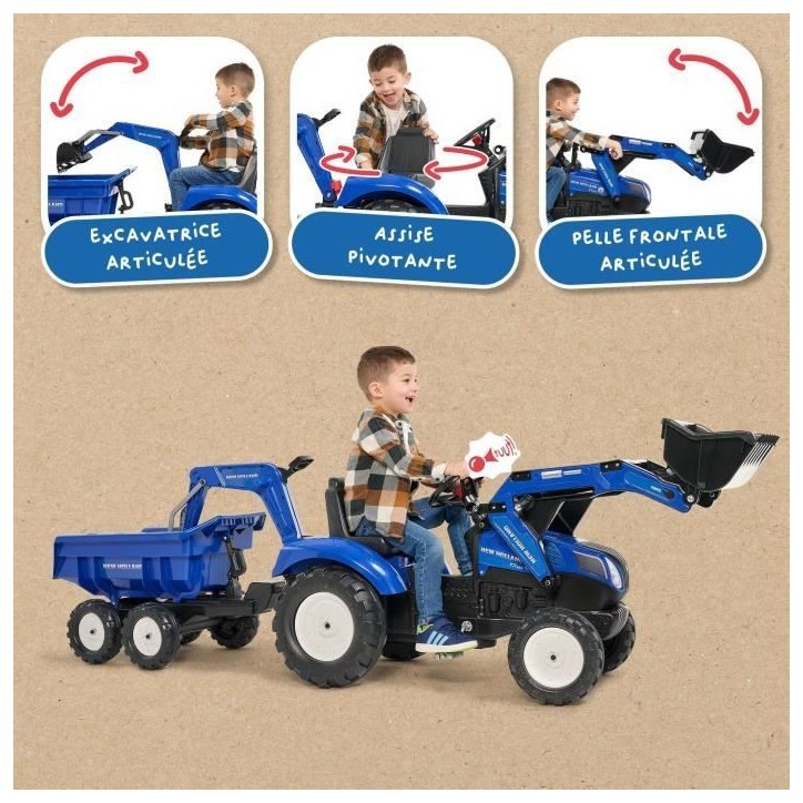 Tractopelle a pédales New Holland - FALK - Excavatrice et Remorque - 100% Fabriqué en France - 50% de plastique recyclé - Des Tractopelle a pédales New Holland - FALK - Excavatrice et Remorque - 100% Fabriqué en France - 50% de plastique recyclé - Des
