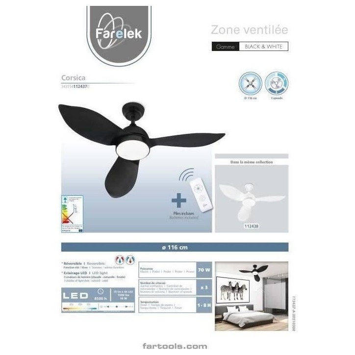 CORSICA Noir- Ventilateur de plafond Ø116cm 70W + éclairage LED CORSICA Noir- Ventilateur de plafond Ø116cm 70W + éclairage LED