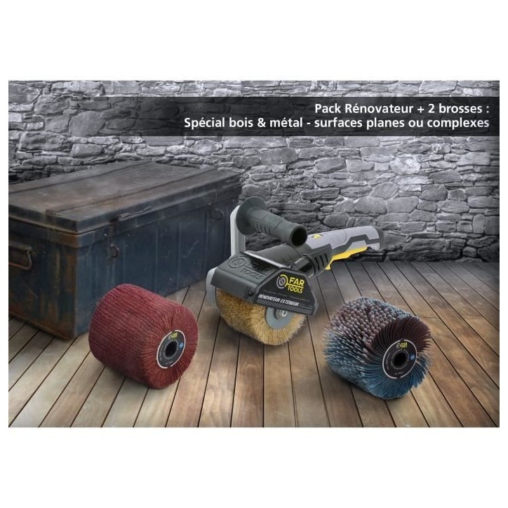 FARTOOLS – Rénovateur REX120C + brosse lanieres abrasives et fibre synthétique – Pour bois et métal - Surfaces planes ou FARTOOLS – Rénovateur REX120C + brosse lanieres abrasives et fibre synthétique – Pour bois et métal - Surfaces planes ou