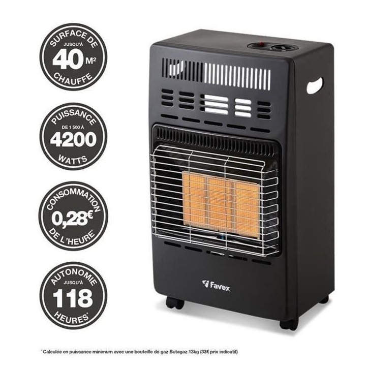 Chauffage d'appoint infrarouge au gaz butane KERN - Allumage par piezo - Surface de chauffe jusqu'a 40 m² - 3 niveaux de puissa Chauffage d'appoint infrarouge au gaz butane KERN - Allumage par piezo - Surface de chauffe jusqu'a 40 m² - 3 niveaux de puissa