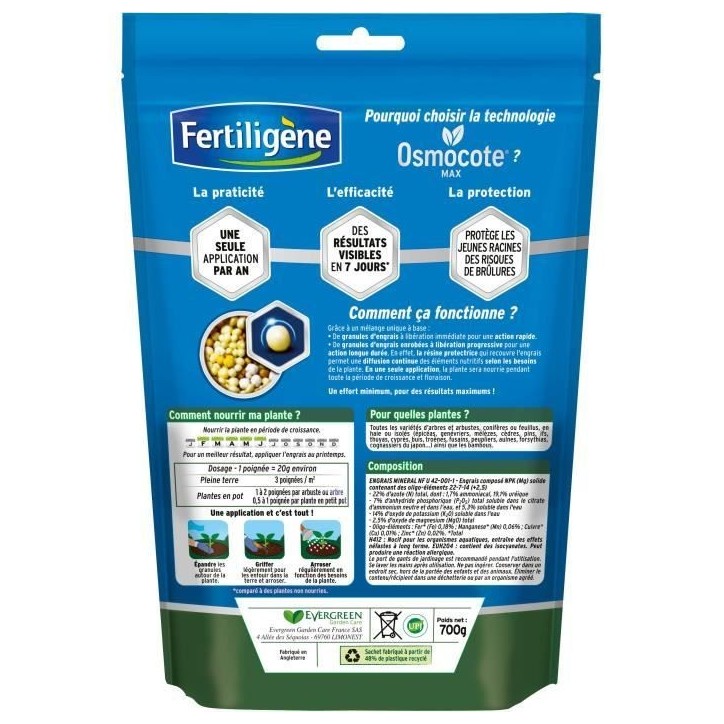 FERTILIGeNE - Engrais Longue durée Osmocote max Arbustes, Buis, Coniferes, Haies 700g FERTILIGeNE - Engrais Longue durée Osmocote max Arbustes, Buis, Coniferes, Haies 700g