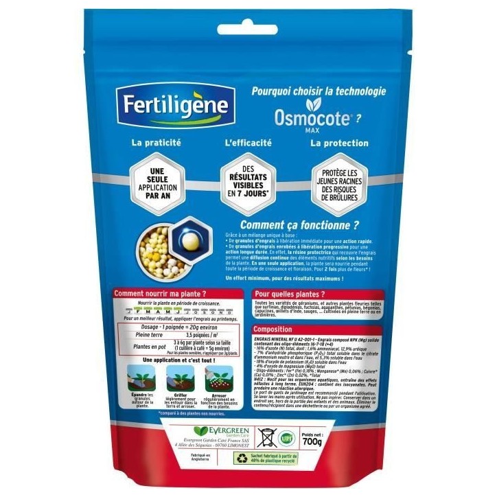 FERTILIGeNE - Engrais Longue durée Osmocote max Géraniums, Dipladénias, Surfinias 700g FERTILIGeNE - Engrais Longue durée Osmocote max Géraniums, Dipladénias, Surfinias 700g