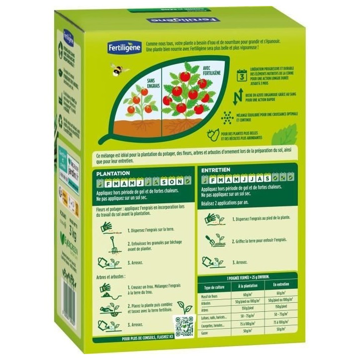 FERTILIGENE FCOSAN3 - Engrais Corne et Sang 3 kg - Action rapide et durable - Nourrit jusqu'a 3 mois - Jusqu'a 60m² fertilisée FERTILIGENE FCOSAN3 - Engrais Corne et Sang 3 kg - Action rapide et durable - Nourrit jusqu'a 3 mois - Jusqu'a 60m² fertilisée