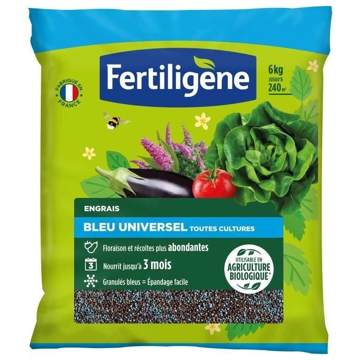 FERTILIGENE FBLEUBIO6 - Engrais Bleu Universel 6 kg - Floraison et récoltes abondantes - Nourrit jusqu'a 3 mois - Pour 240m² FERTILIGENE FBLEUBIO6 - Engrais Bleu Universel 6 kg - Floraison et récoltes abondantes - Nourrit jusqu'a 3 mois - Pour 240m²