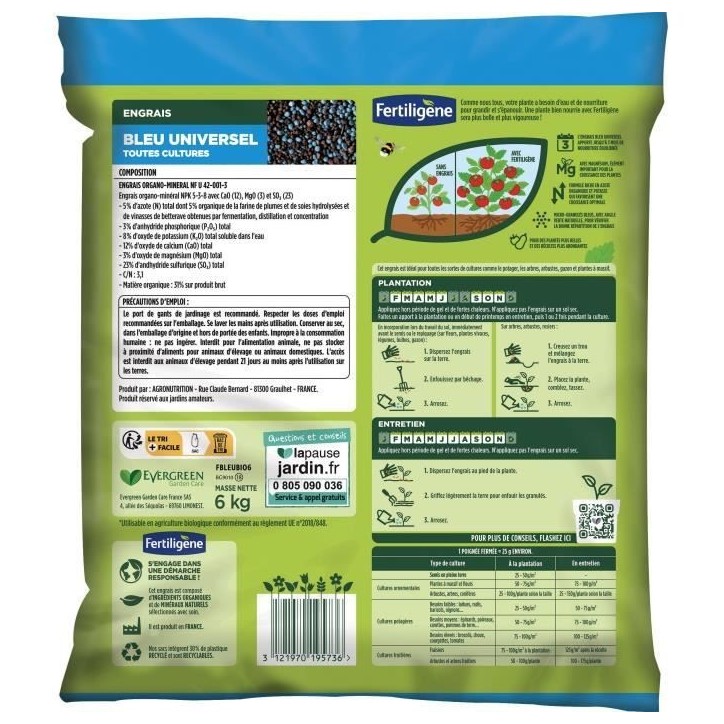FERTILIGENE FBLEUBIO6 - Engrais Bleu Universel 6 kg - Floraison et récoltes abondantes - Nourrit jusqu'a 3 mois - Pour 240m² FERTILIGENE FBLEUBIO6 - Engrais Bleu Universel 6 kg - Floraison et récoltes abondantes - Nourrit jusqu'a 3 mois - Pour 240m²