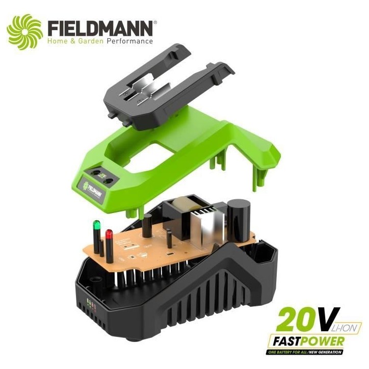 Chargeur - FIELDMANN - Pour batterie 20V - Charge 2Ah en 60 min - Compatible 2Ah, 4Ah Chargeur - FIELDMANN - Pour batterie 20V - Charge 2Ah en 60 min - Compatible 2Ah, 4Ah