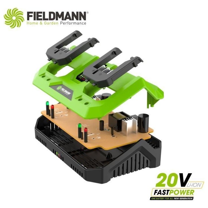 Chargeur double - FIELDMANN - Pour batteries 20V - Charge 2Ah en 60 min - Compatible 2Ah, 4Ah Chargeur double - FIELDMANN - Pour batteries 20V - Charge 2Ah en 60 min - Compatible 2Ah, 4Ah