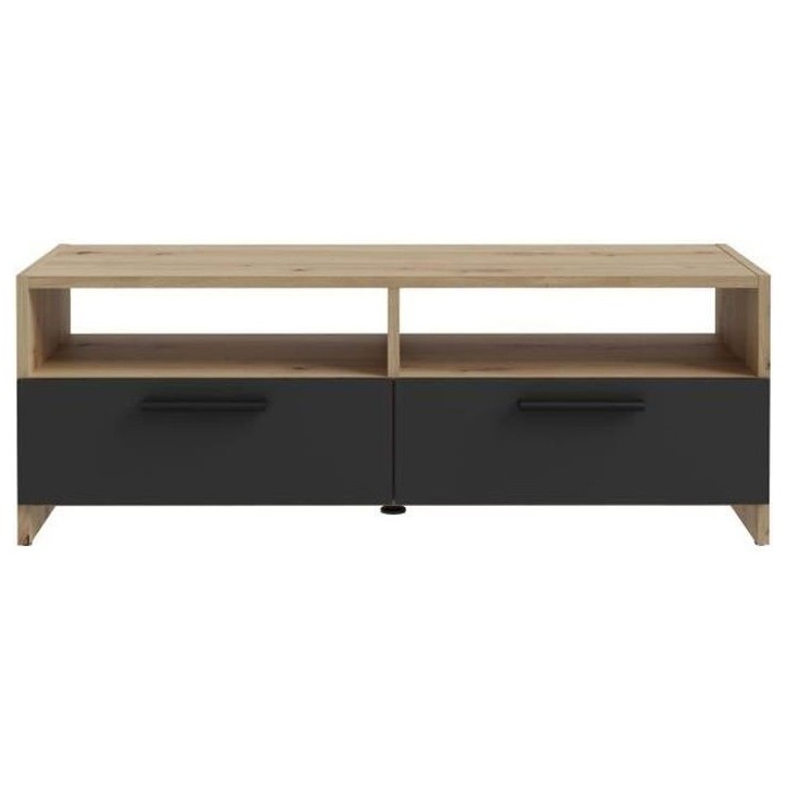 Meuble TV PILVI - Style contemporain - Décor Chene et Noir - 2 Abattants + 2 niches - L 95 x P 36 x H 34,5 cm