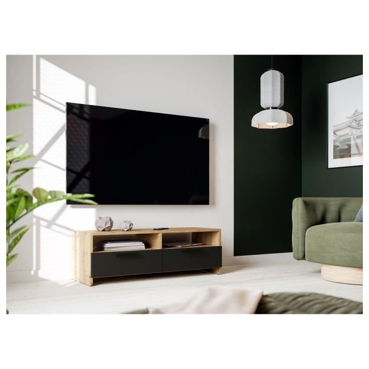 Meuble TV PILVI - Style contemporain - Décor Chene et Noir - 2 Abattants + 2 niches - L 95 x P 36 x H 34,5 cm