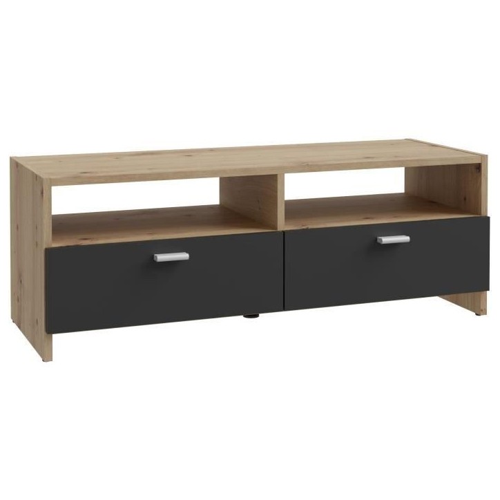 Meuble TV PILVI - Style contemporain - Décor Chene et Noir - 2 Abattants + 2 niches - L 95 x P 36 x H 34,5 cm