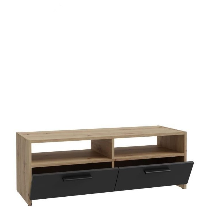 Meuble TV PILVI - Style contemporain - Décor Chene et Noir - 2 Abattants + 2 niches - L 95 x P 36 x H 34,5 cm