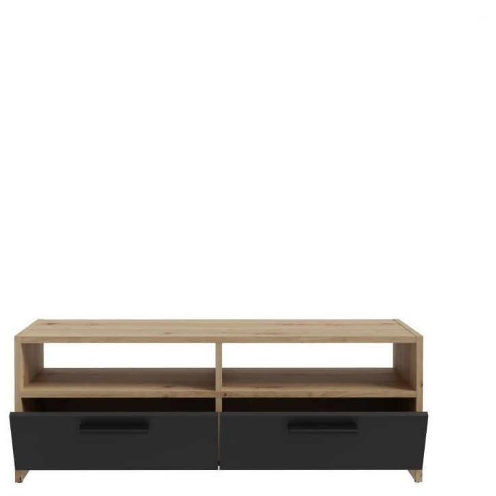 Meuble TV PILVI - Style contemporain - Décor Chene et Noir - 2 Abattants + 2 niches - L 95 x P 36 x H 34,5 cm
