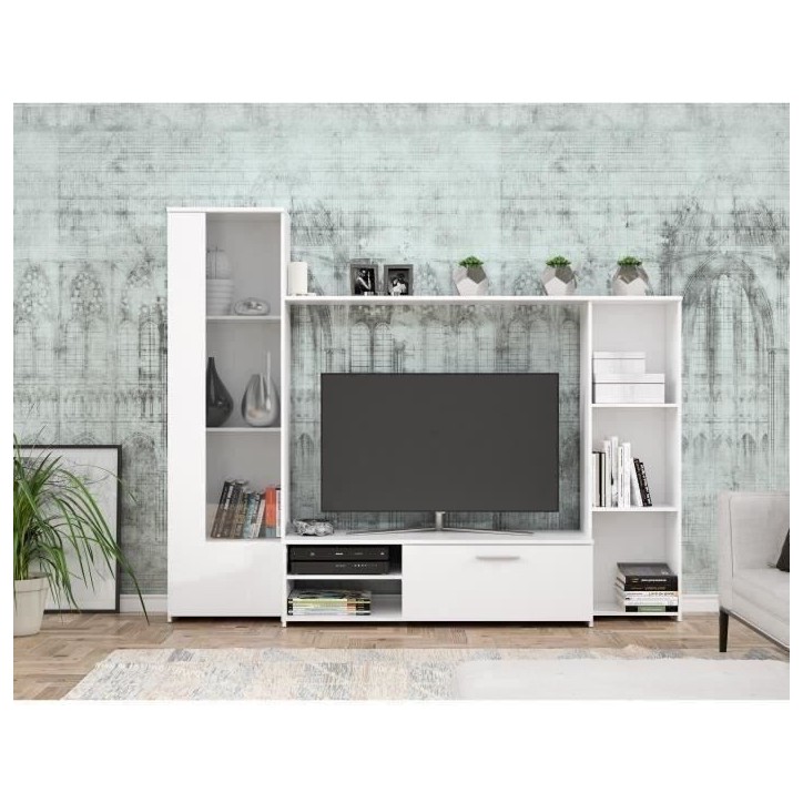 Meuble TV paroi PILVI - Particules mélaminé -Décor blanc mat - porte vitrée + 1 abattant + 5 niches - L220 x P41 x H177,5 cm