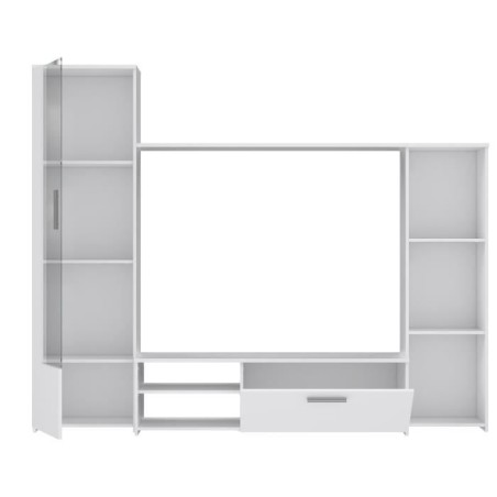 Meuble TV paroi PILVI - Particules mélaminé -Décor blanc mat - porte vitrée + 1 abattant + 5 niches - L220 x P41 x H177,5 cm