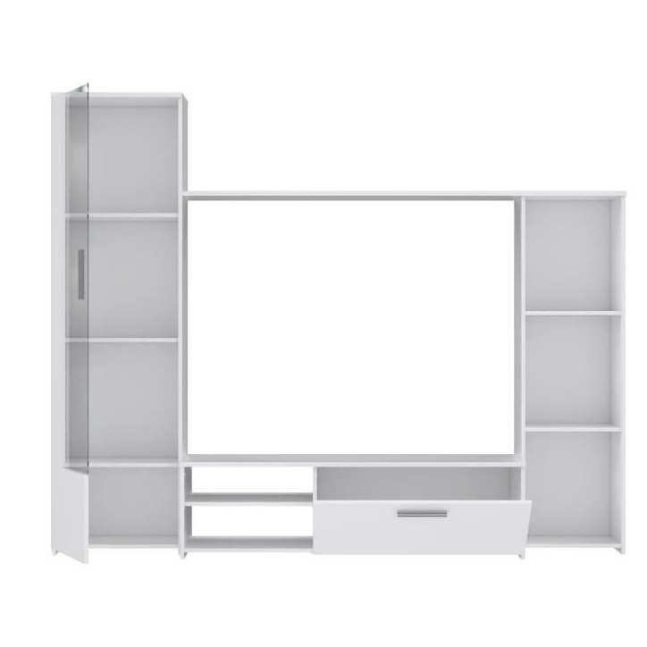 Meuble TV paroi PILVI - Particules mélaminé -Décor blanc mat - porte vitrée + 1 abattant + 5 niches - L220 x P41 x H177,5 cm