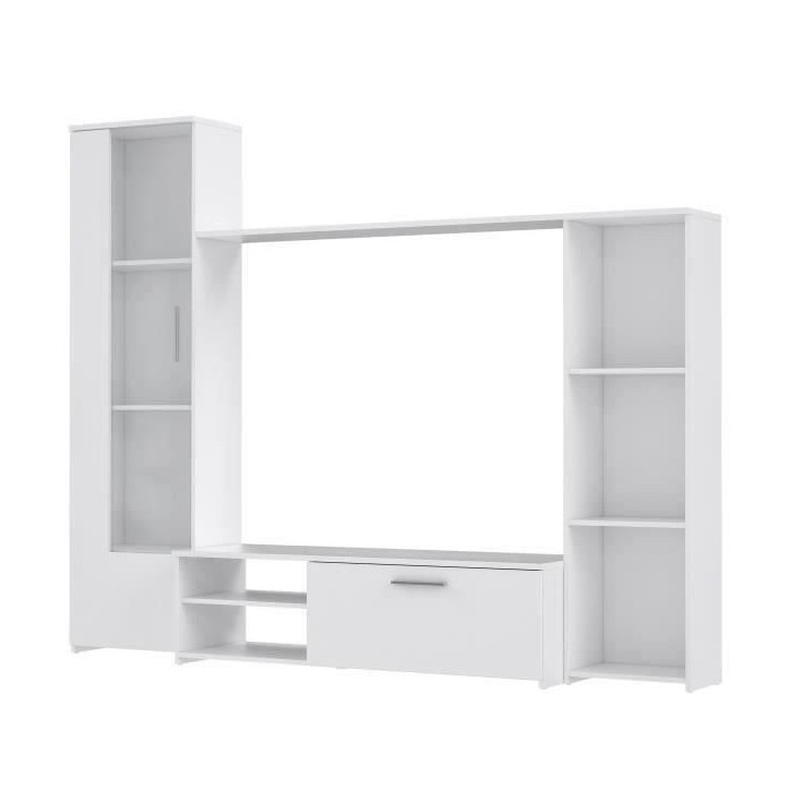 Meuble TV paroi PILVI - Particules mélaminé -Décor blanc mat - porte vitrée + 1 abattant + 5 niches - L220 x P41 x H177,5 cm