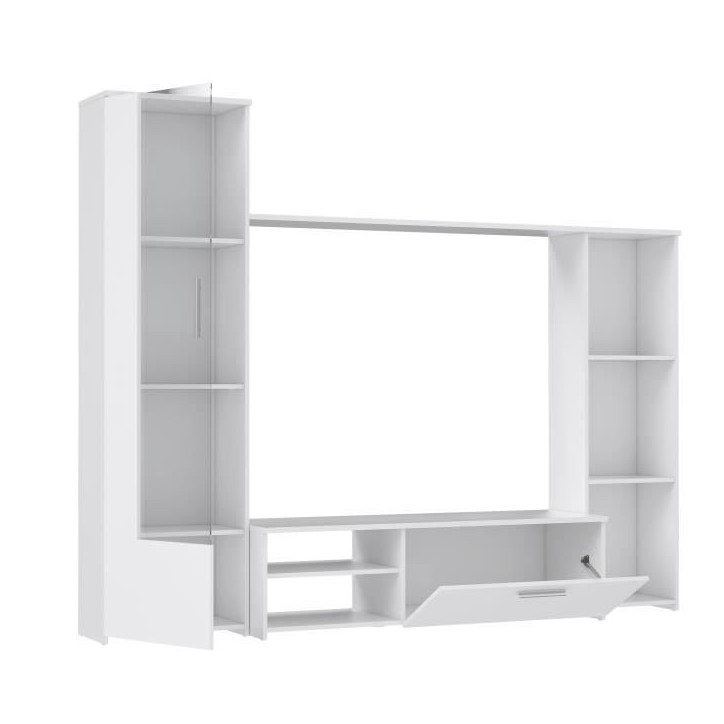 Meuble TV paroi PILVI - Particules mélaminé -Décor blanc mat - porte vitrée + 1 abattant + 5 niches - L220 x P41 x H177,5 cm