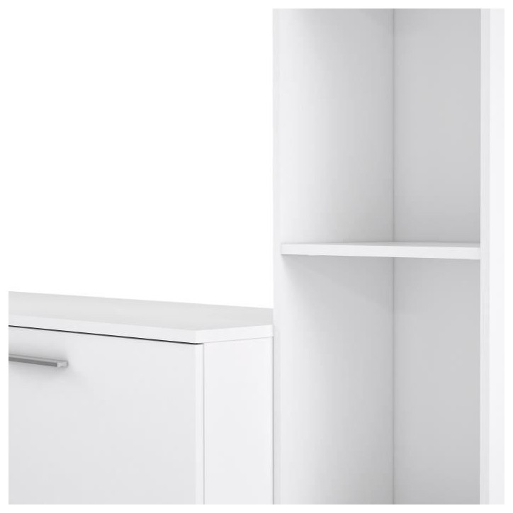 Meuble TV paroi PILVI - Particules mélaminé -Décor blanc mat - porte vitrée + 1 abattant + 5 niches - L220 x P41 x H177,5 cm
