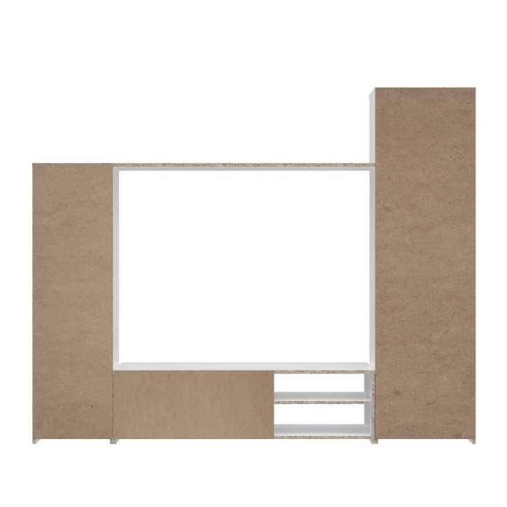 Meuble TV paroi PILVI - Particules mélaminé -Décor blanc mat - porte vitrée + 1 abattant + 5 niches - L220 x P41 x H177,5 cm