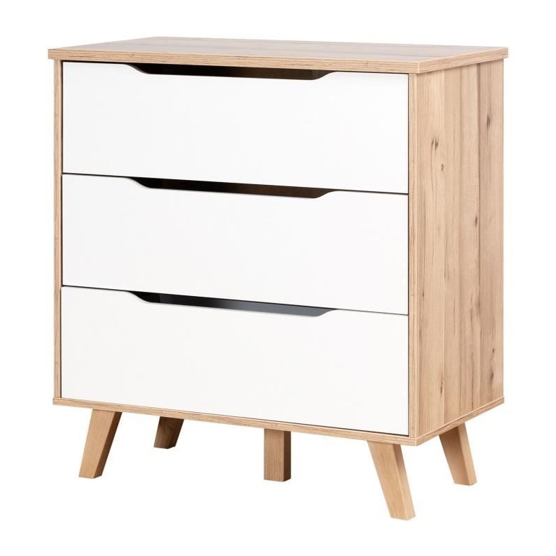 Commode 3 tiroirs - Décor chene et blanc mat - Pieds en massif - Scan Commode 3 tiroirs - Décor chene et blanc mat - Pieds en massif - Scan