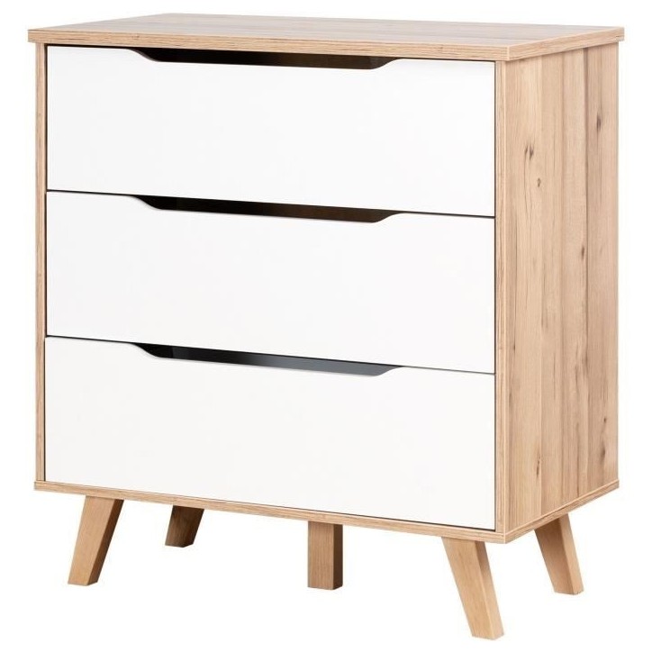 Commode 3 tiroirs - Décor chene et blanc mat - Pieds en massif - Scandinave L 80 cm - VANKKA