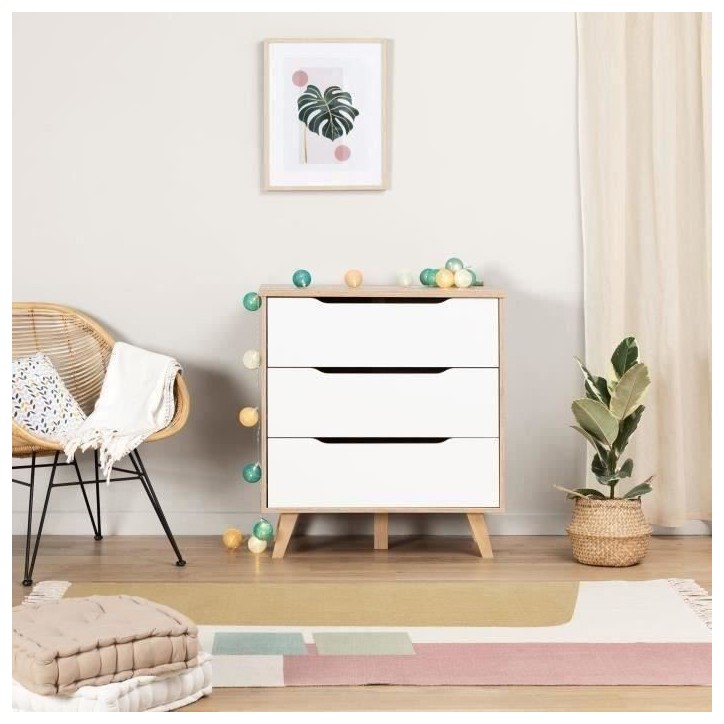 Commode 3 tiroirs - Décor chene et blanc mat - Pieds en massif - Scandinave L 80 cm - VANKKA