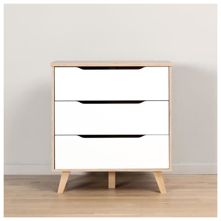 Commode 3 tiroirs - Décor chene et blanc mat - Pieds en massif - Scandinave L 80 cm - VANKKA