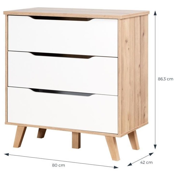 Commode 3 tiroirs - Décor chene et blanc mat - Pieds en massif - Scandinave L 80 cm - VANKKA