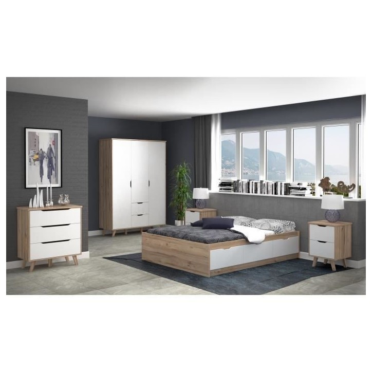 Commode 3 tiroirs - Décor chene et blanc mat - Pieds en massif - Scandinave L 80 cm - VANKKA