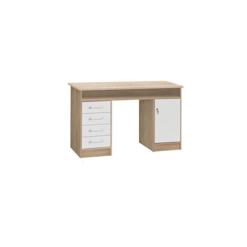 Bureau droit a clés avec 1 porte et 4 tiroirs - Décor chene et blanc
