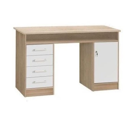 Bureau droit a clés avec 1 porte et 4 tiroirs - Décor chene et blanc