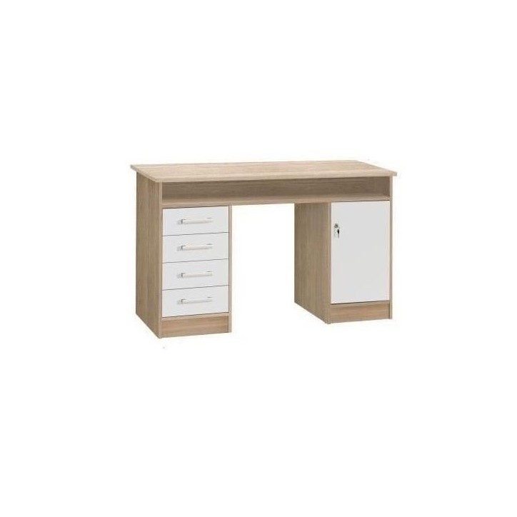 Bureau droit a clés avec 1 porte et 4 tiroirs - Décor chene et blanc - 126 x P 55 x H 76 cm - ALICANTE Bureau droit a clés avec 1 porte et 4 tiroirs - Décor chene et blanc - 126 x P 55 x H 76 cm - ALICANTE