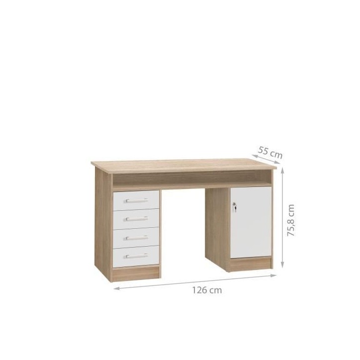 Bureau droit a clés avec 1 porte et 4 tiroirs - Décor chene et blanc - 126 x P 55 x H 76 cm - ALICANTE Bureau droit a clés avec 1 porte et 4 tiroirs - Décor chene et blanc - 126 x P 55 x H 76 cm - ALICANTE