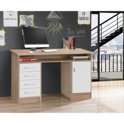 Bureau droit a clés avec 1 porte et 4 tiroirs - Décor chene et blanc