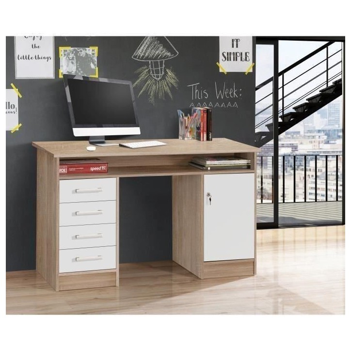 Bureau droit a clés avec 1 porte et 4 tiroirs - Décor chene et blanc - 126 x P 55 x H 76 cm - ALICANTE Bureau droit a clés avec 1 porte et 4 tiroirs - Décor chene et blanc - 126 x P 55 x H 76 cm - ALICANTE