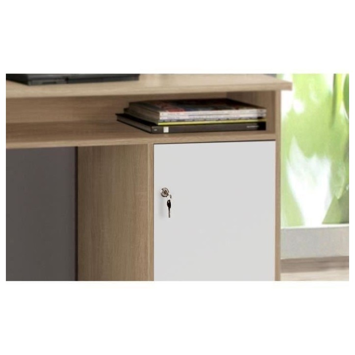 Bureau droit a clés avec 1 porte et 4 tiroirs - Décor chene et blanc - 126 x P 55 x H 76 cm - ALICANTE Bureau droit a clés avec 1 porte et 4 tiroirs - Décor chene et blanc - 126 x P 55 x H 76 cm - ALICANTE