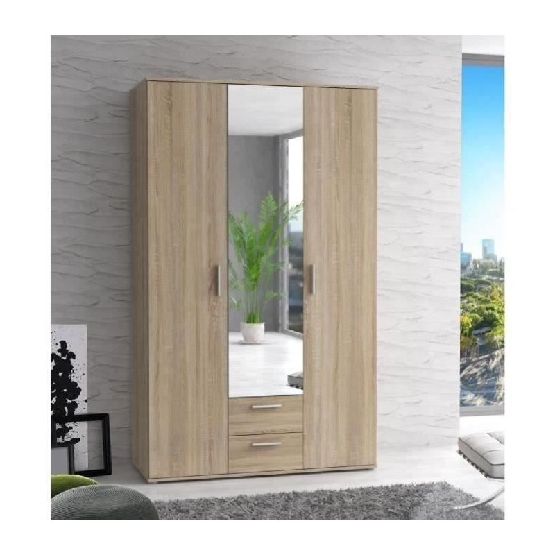 Armoire 3 portes battantes avec 1 miroir + 2 tiroirs - Décor chene So Armoire 3 portes battantes avec 1 miroir + 2 tiroirs - Décor chene So
