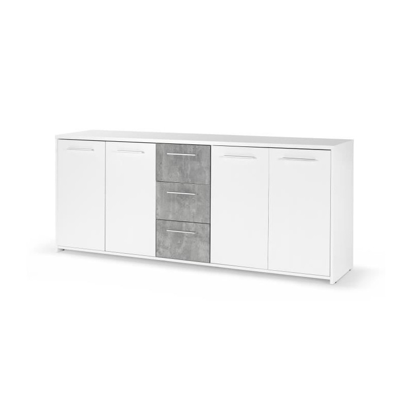 Buffet bas - Panneaux de particules - Blanc et décor gris béton - 4 Buffet bas - Panneaux de particules - Blanc et décor gris béton - 4