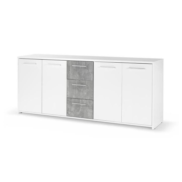 Buffet bas - Panneaux de particules - Blanc et décor gris béton - 4 portes + 3 tiroirs - L 179 x P 42 x H 74,5 cm Buffet bas - Panneaux de particules - Blanc et décor gris béton - 4 portes + 3 tiroirs - L 179 x P 42 x H 74,5 cm
