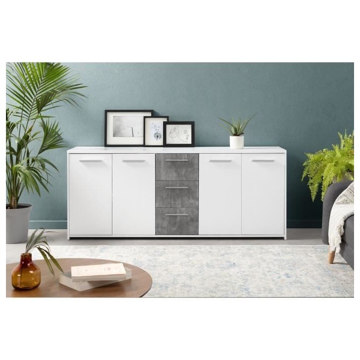 Buffet bas - Panneaux de particules - Blanc et décor gris béton - 4 portes + 3 tiroirs - L 179 x P 42 x H 74,5 cm Buffet bas - Panneaux de particules - Blanc et décor gris béton - 4 portes + 3 tiroirs - L 179 x P 42 x H 74,5 cm
