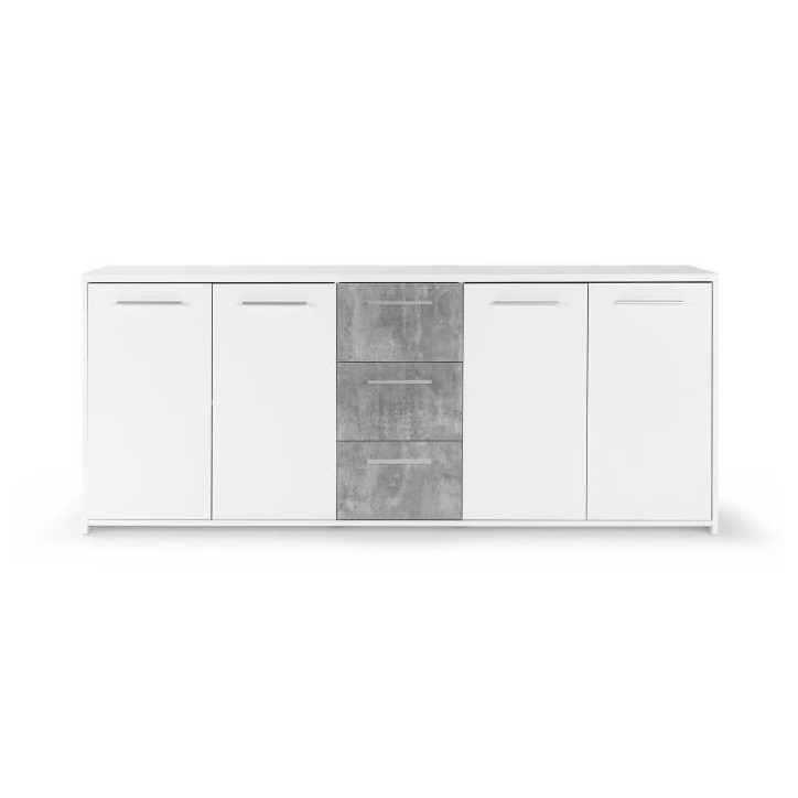 Buffet bas - Panneaux de particules - Blanc et décor gris béton - 4 portes + 3 tiroirs - L 179 x P 42 x H 74,5 cm Buffet bas - Panneaux de particules - Blanc et décor gris béton - 4 portes + 3 tiroirs - L 179 x P 42 x H 74,5 cm