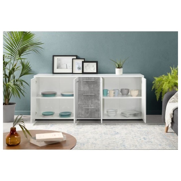 Buffet bas - Panneaux de particules - Blanc et décor gris béton - 4 portes + 3 tiroirs - L 179 x P 42 x H 74,5 cm Buffet bas - Panneaux de particules - Blanc et décor gris béton - 4 portes + 3 tiroirs - L 179 x P 42 x H 74,5 cm