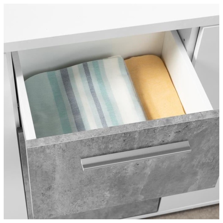 Buffet bas - Panneaux de particules - Blanc et décor gris béton - 4 portes + 3 tiroirs - L 179 x P 42 x H 74,5 cm Buffet bas - Panneaux de particules - Blanc et décor gris béton - 4 portes + 3 tiroirs - L 179 x P 42 x H 74,5 cm